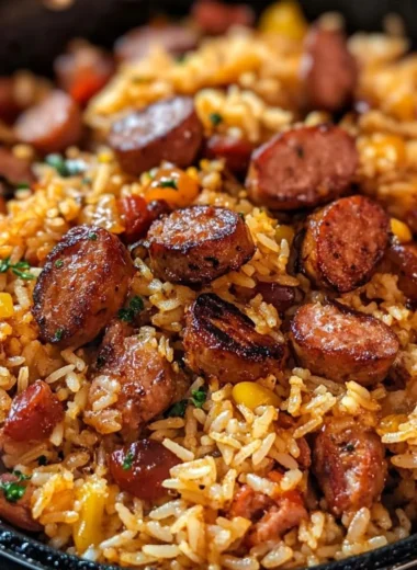 Delicious Cajun sausage and rice skillet served in a colorful bowl