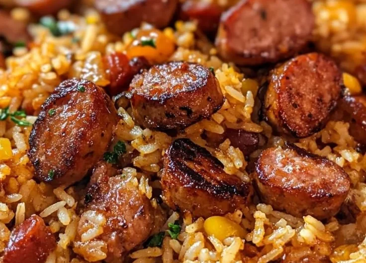 Delicious Cajun sausage and rice skillet served in a colorful bowl