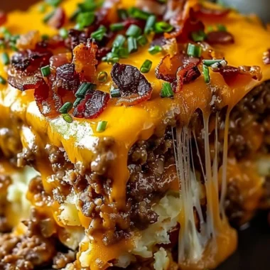 Cheesy Loaded Meatloaf Casserole topped with melted cheese and herbs