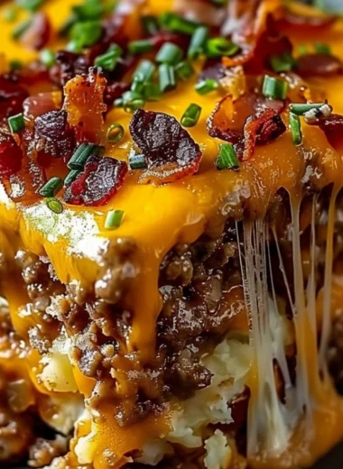 Cheesy Loaded Meatloaf Casserole topped with melted cheese and herbs