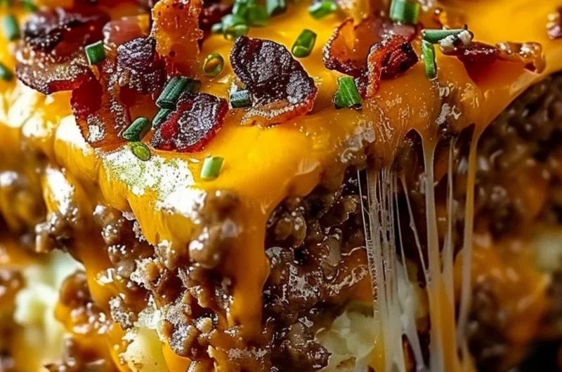 Cheesy Loaded Meatloaf Casserole topped with melted cheese and herbs