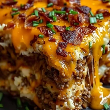 Cheesy Loaded Meatloaf Casserole topped with melted cheese and savory ingredients.