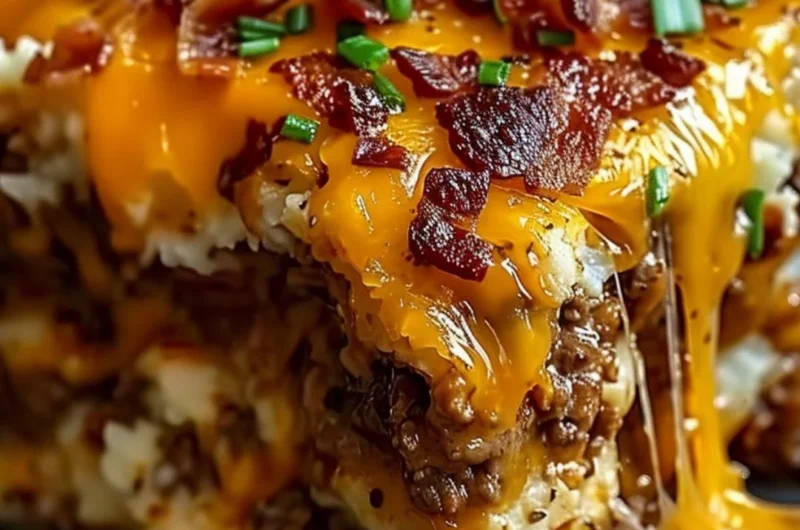 Cheesy Loaded Meatloaf Casserole topped with melted cheese and savory ingredients.