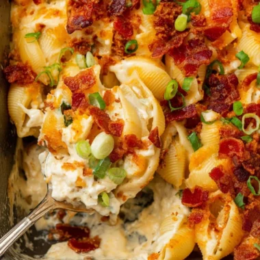 Delicious Chicken Bacon Ranch Casserole topped with crispy bacon and cheese