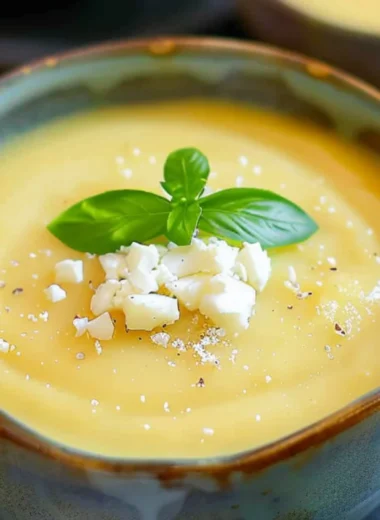 Chilled Pineapple Soup garnished with mint leaves in a bowl
