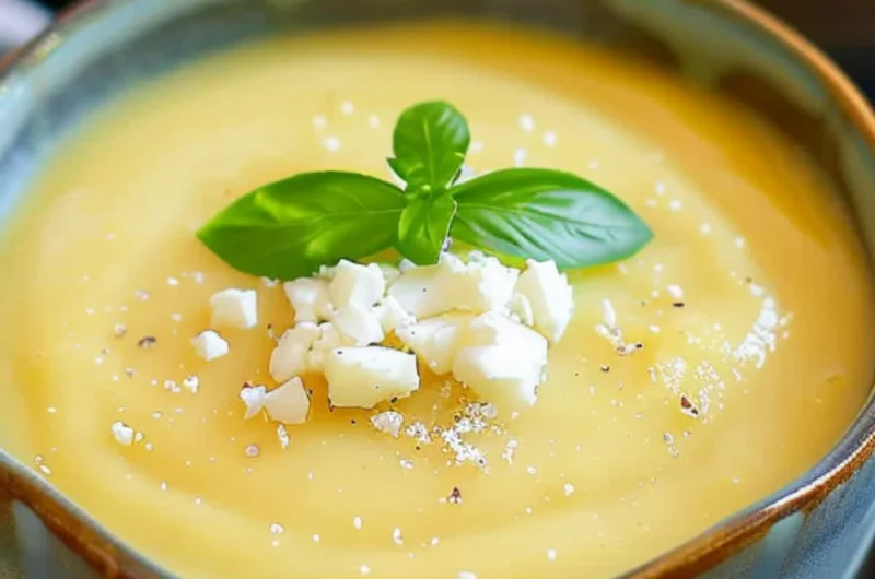 Chilled Pineapple Soup garnished with mint leaves in a bowl