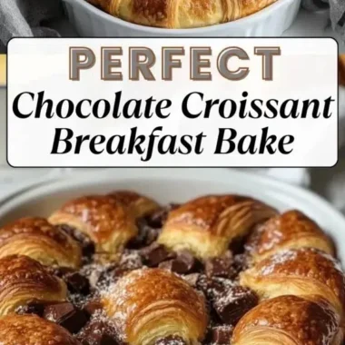 Chocolate croissant breakfast bake topped with melted chocolate and flaky pastry