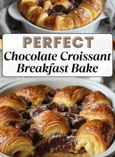 Chocolate croissant breakfast bake topped with melted chocolate and flaky pastry