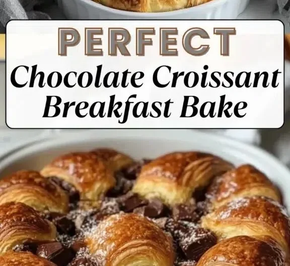 Chocolate croissant breakfast bake topped with melted chocolate and flaky pastry