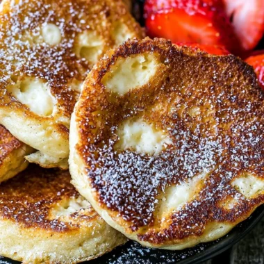 Fluffy cottage cheese pancakes on a plate with syrup and berries