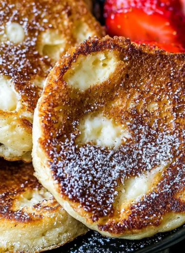 Fluffy cottage cheese pancakes on a plate with syrup and berries