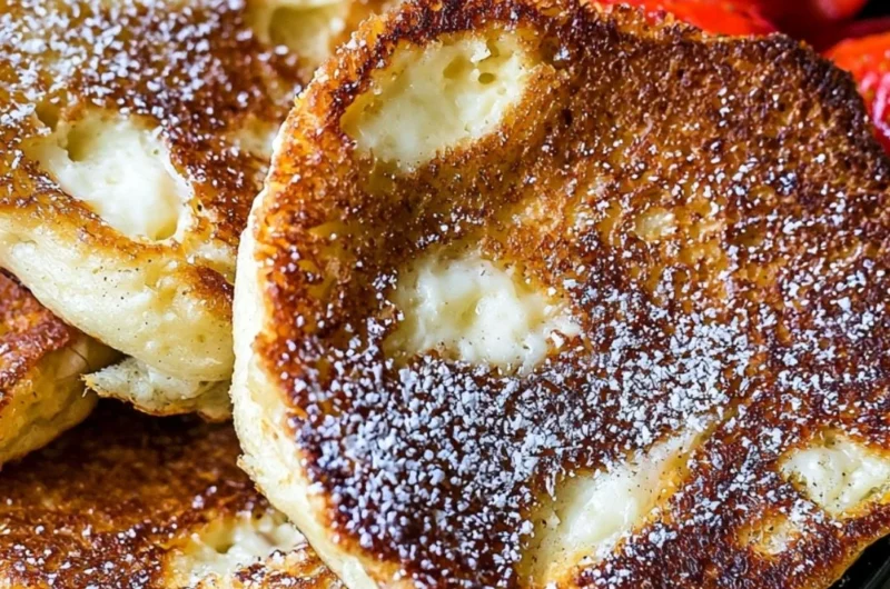 Fluffy cottage cheese pancakes on a plate with syrup and berries