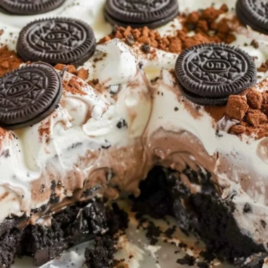 Delicious no bake Oreo dessert served in a cozy setting