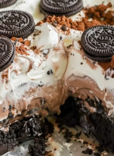 Delicious no bake Oreo dessert served in a cozy setting
