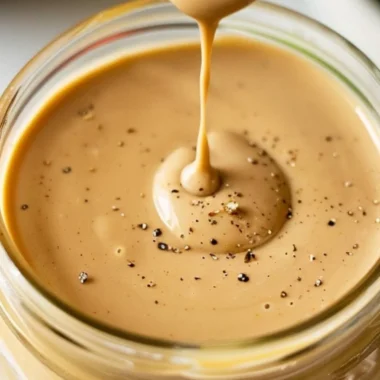 Creamy balsamic dressing in a glass jar with fresh ingredients around it