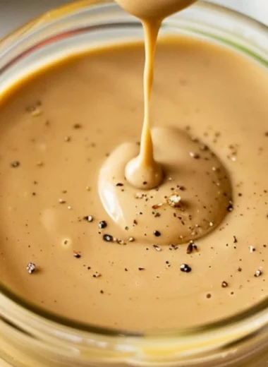 Creamy balsamic dressing in a glass jar with fresh ingredients around it