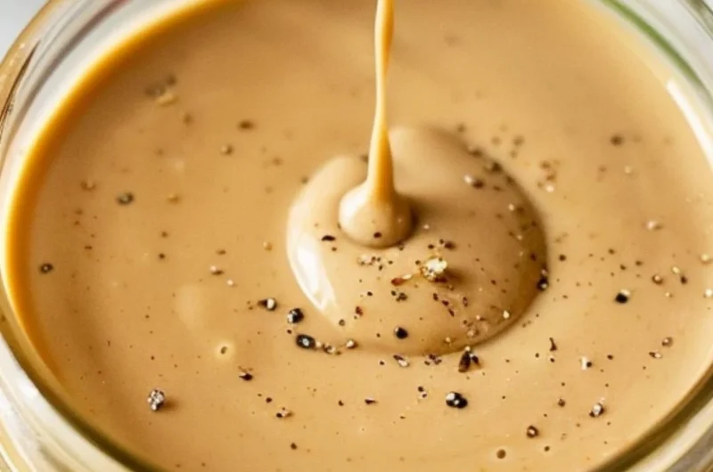Creamy balsamic dressing in a glass jar with fresh ingredients around it