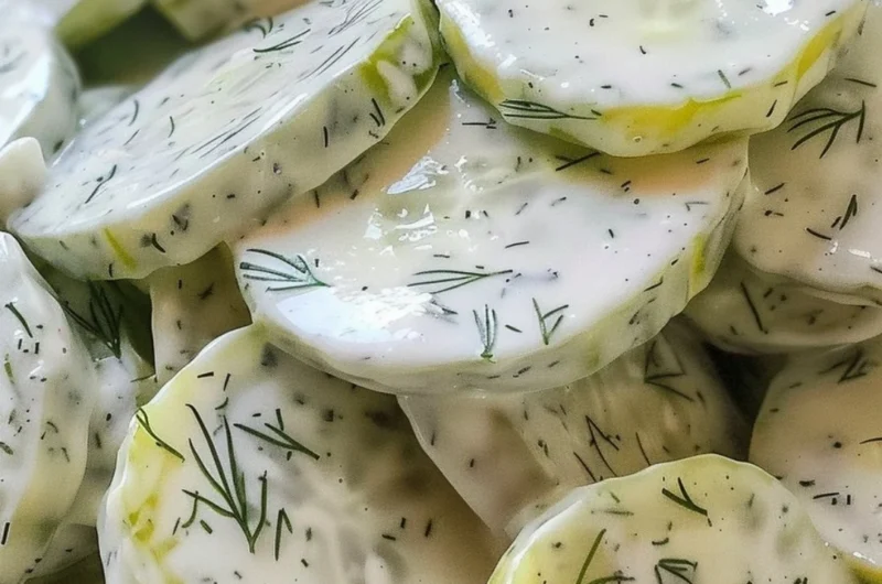 Delicious creamy cucumber salad served in a bowl with fresh herbs