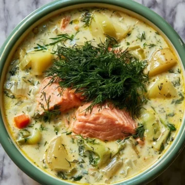 Creamy dill salmon soup with potatoes and leeks served in a bowl.