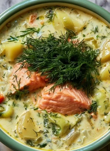 Creamy dill salmon soup with potatoes and leeks served in a bowl.