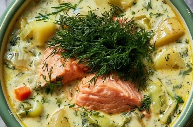 Creamy dill salmon soup with potatoes and leeks served in a bowl.