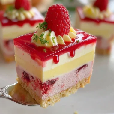 Creamy raspberry cheesecake topped with fresh raspberries and a graham cracker crust