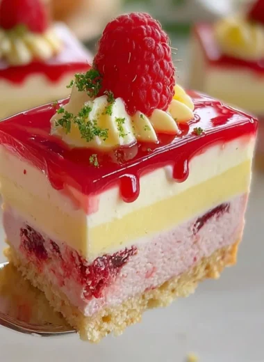 Creamy raspberry cheesecake topped with fresh raspberries and a graham cracker crust