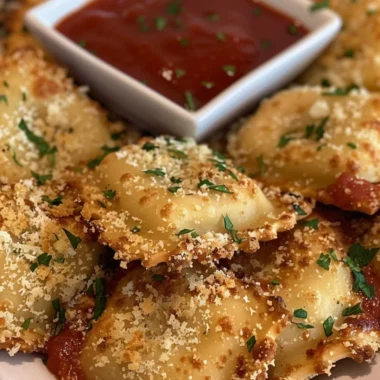 Crispy air fryer ravioli served with marinara sauce on a plate