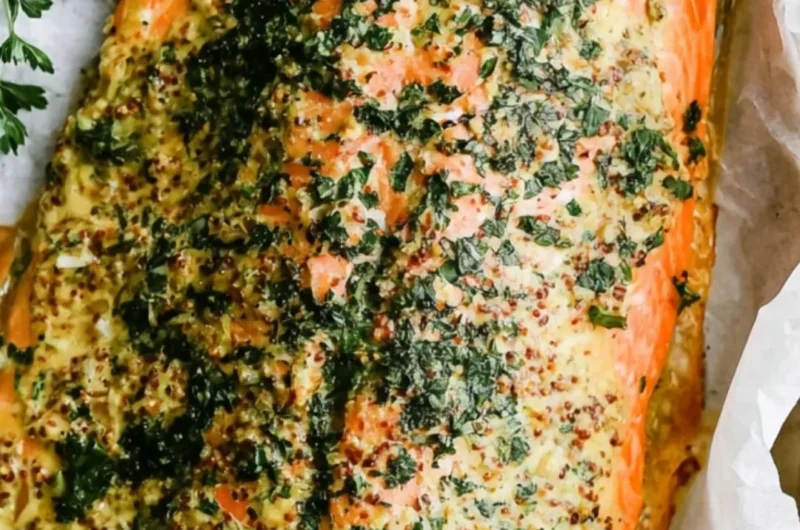 Dijon baked salmon fillet served with lemon and herbs on a plate