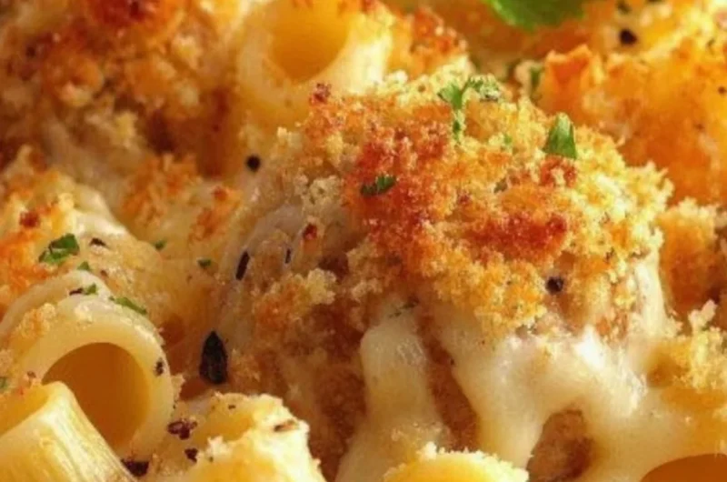 Delicious dump and bake meatball casserole fresh from the oven