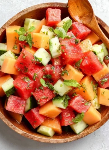 Bowl of easy melon salad with honey lime dressing and fresh fruits