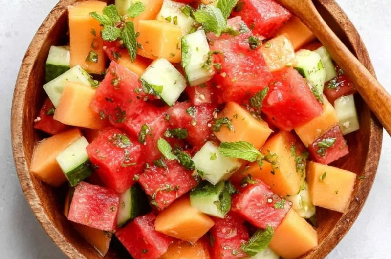 Bowl of easy melon salad with honey lime dressing and fresh fruits