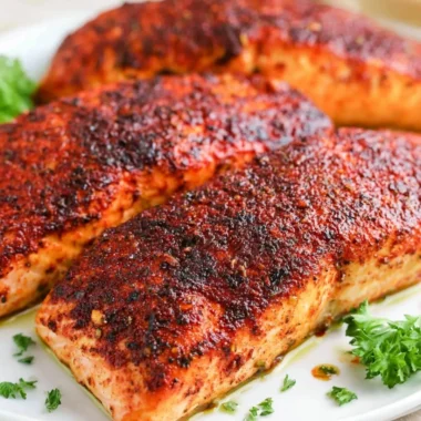 Flaky air fryer salmon on a plate with herbs and lemon slices