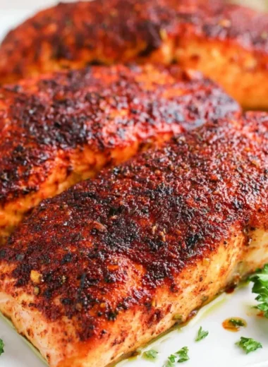 Flaky air fryer salmon on a plate with herbs and lemon slices