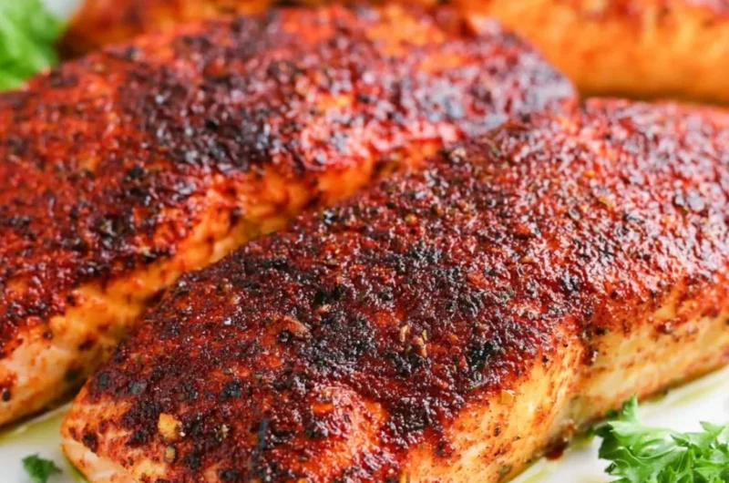 Flaky air fryer salmon on a plate with herbs and lemon slices