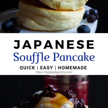 Fluffy Japanese soufflé pancakes served on a plate with syrup and berries