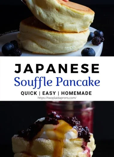 Fluffy Japanese soufflé pancakes served on a plate with syrup and berries