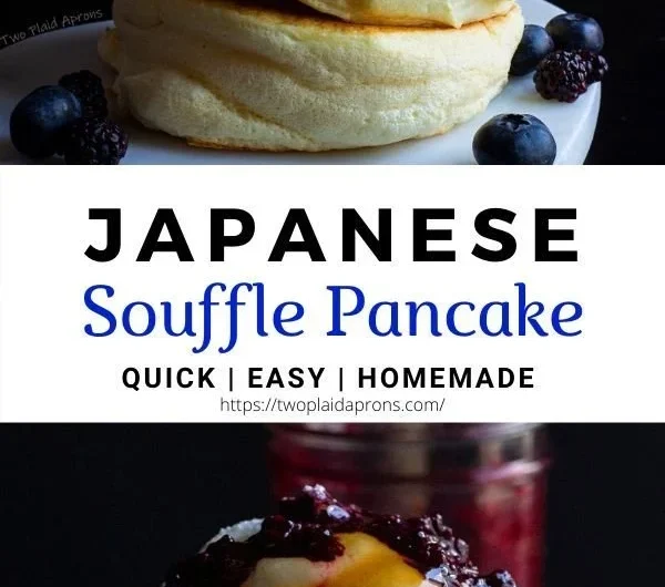 Fluffy Japanese soufflé pancakes served on a plate with syrup and berries