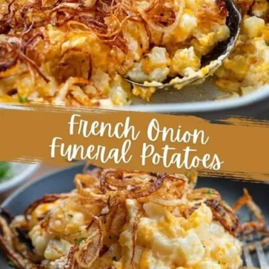 Delicious French Onion Funeral Potatoes served in a casserole dish