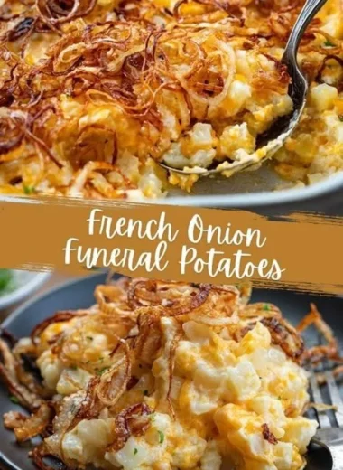 Delicious French Onion Funeral Potatoes served in a casserole dish
