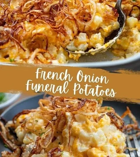 Delicious French Onion Funeral Potatoes served in a casserole dish