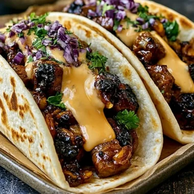 Delicious garlic butter honey BBQ beef tacos served in a soft tortilla