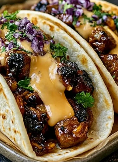Delicious garlic butter honey BBQ beef tacos served in a soft tortilla