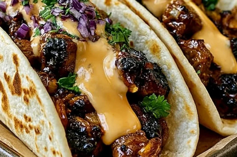 Delicious garlic butter honey BBQ beef tacos served in a soft tortilla