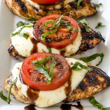 Grilled Chicken Caprese dish with chicken, mozzarella, and fresh tomatoes.