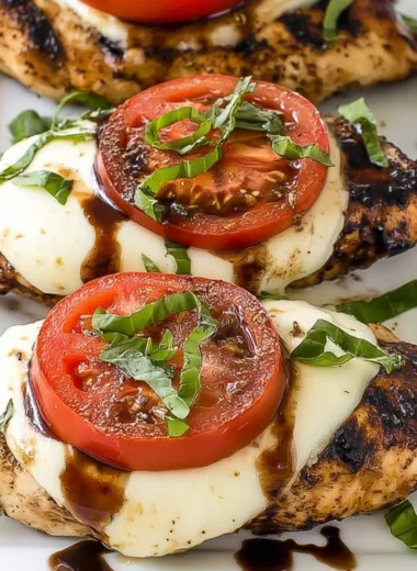 Grilled Chicken Caprese dish with chicken, mozzarella, and fresh tomatoes.