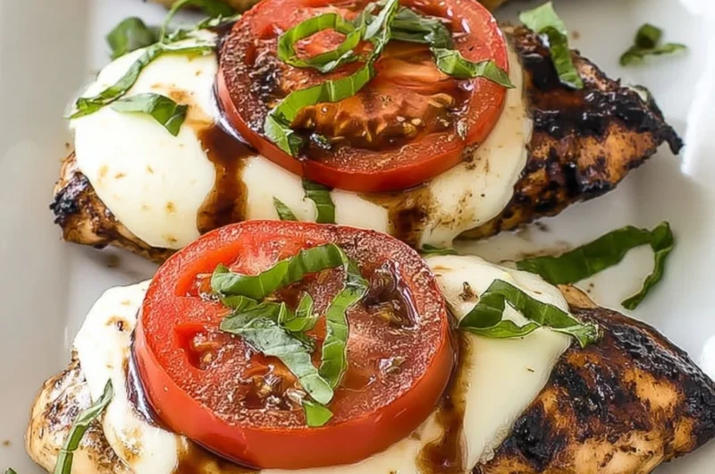 Grilled Chicken Caprese dish with chicken, mozzarella, and fresh tomatoes.
