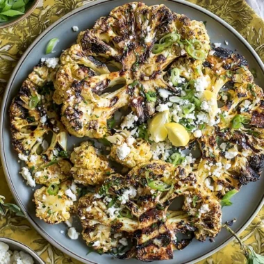 Grilled garlic cauliflower steaks on a plate, garnished with herbs.