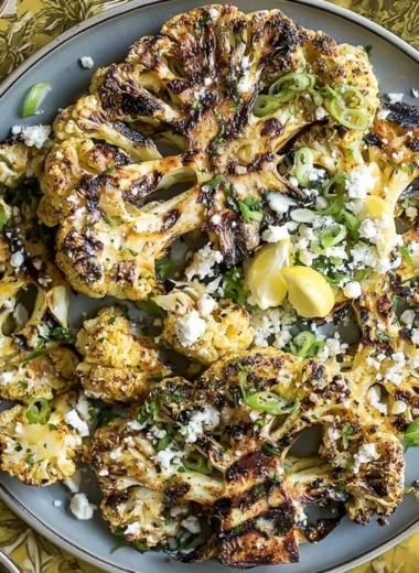 Grilled garlic cauliflower steaks on a plate, garnished with herbs.