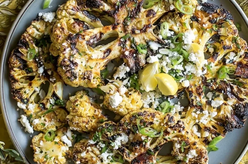 Grilled garlic cauliflower steaks on a plate, garnished with herbs.